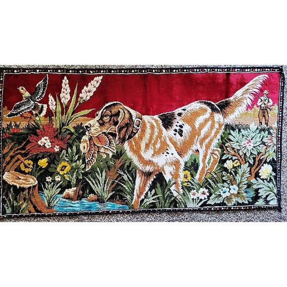 VTG Pointer Dog Bird Hunt Scene Tapestry Rug Rayon Cotton 38x20" Man Cave Cabin - Picture 2 of 8